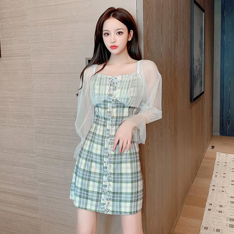 

#5274 Spring Summer Red Green Plaid Dress Women Spliced Mesh Square Collar Sexy Mini Dress Casual Vintage Bandage Short