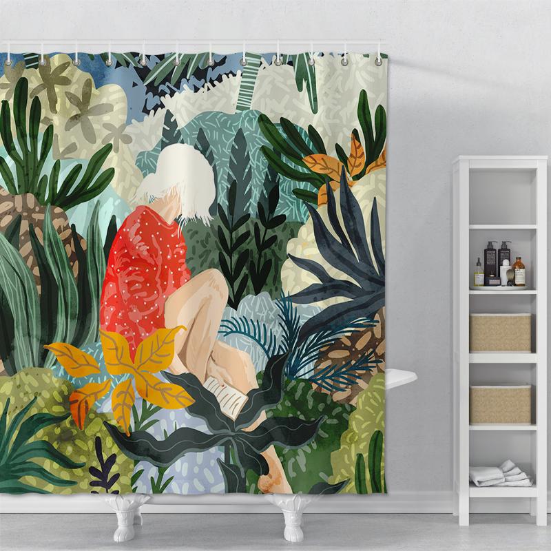 

Creative Shower Curtain Printed Girls Leaves Waterproof Bathroom Shower Curtain With Hook Polyester Bath Set Home Decor
