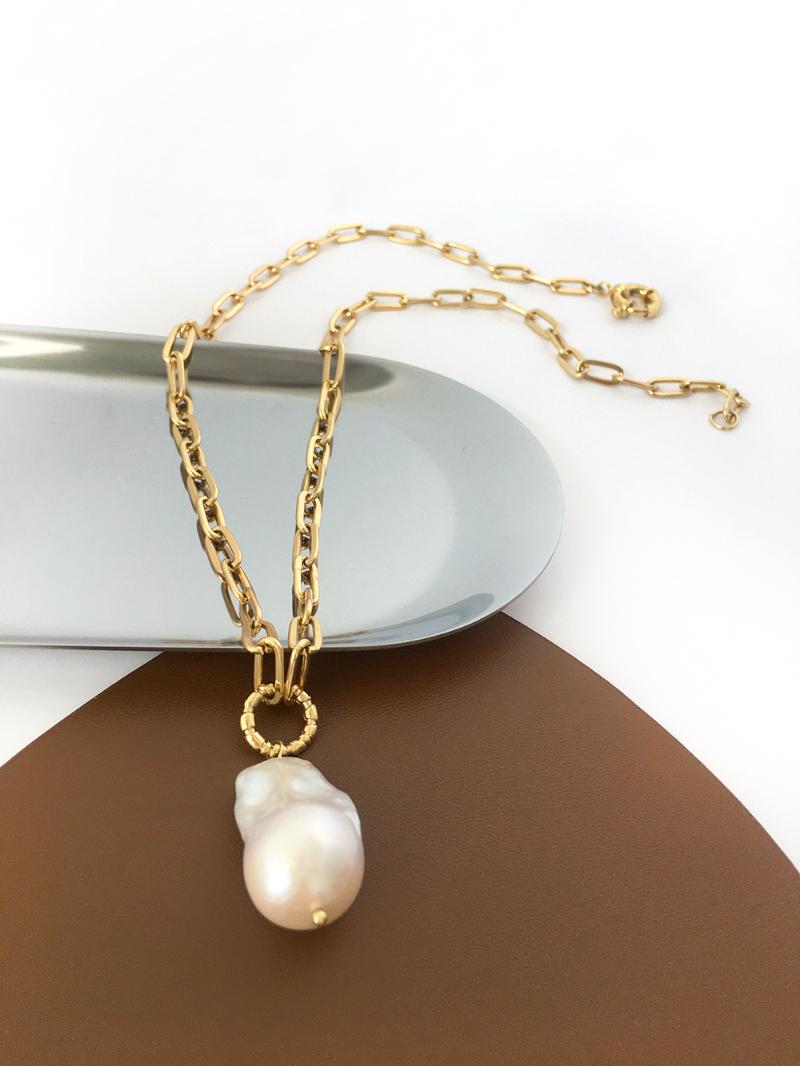 

Monlansher Large Baroque Pearl Necklace Single Pearl Gold Chain Necklaces for Women Genuine Freshwater Pendant Necklaces