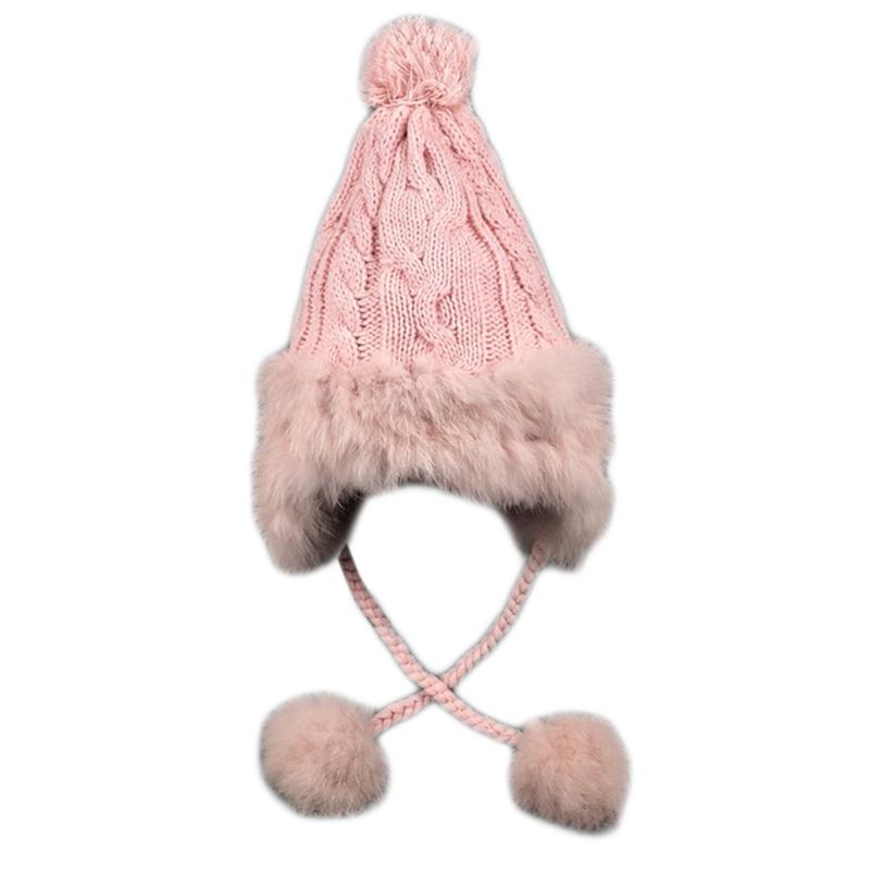 

Women Winter Cable Knit Trapper Hat Fluffy Plush Trim Thick Faux Fleece Lining Thermal Warm Pom Pom Beanies Earflap Cap, Bk