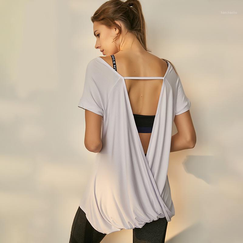 

Comfortable Model Top Yoga Top Women Short Sleeve Cross Wrap Backless T-shirt Summer Thin Loose Sport Tee Gym Fitness Clothing1, Black