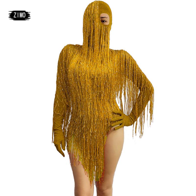 

Red gold Fringe Long Sleeves Bodysuit Headdress Celebrate pole Dance Wear for Women Dancer gogo nightclub stage carnival costume, Beige