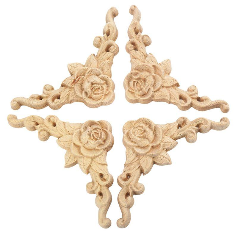 

HOT 4pcs 8*8cm Wood Carved Corner Onlay Applique Door Cabinet Rose Unpainted European Style