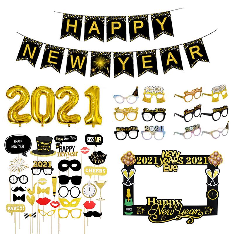 

2021 Foil Balloons Happy New Year Photo Booth Frame Props 2020 Christmas Decorations Banner Garland Glasses Gift Gold Supplies
