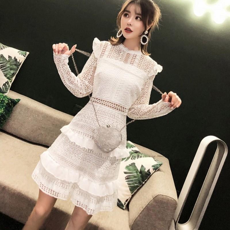 

Runway Autumn self portrait dress Women Lace cake Hollow Out Ruffles Dress High Quality Women Party Work Dresses Vestidos, Black