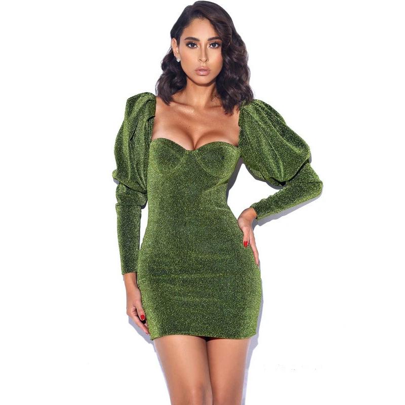 

Autumn Solid Color Sexy Short Bodycon Dress Fashion Casual Strapless Club Party Dress Women Long Sleeve Elegant Vestidos 2021, Green