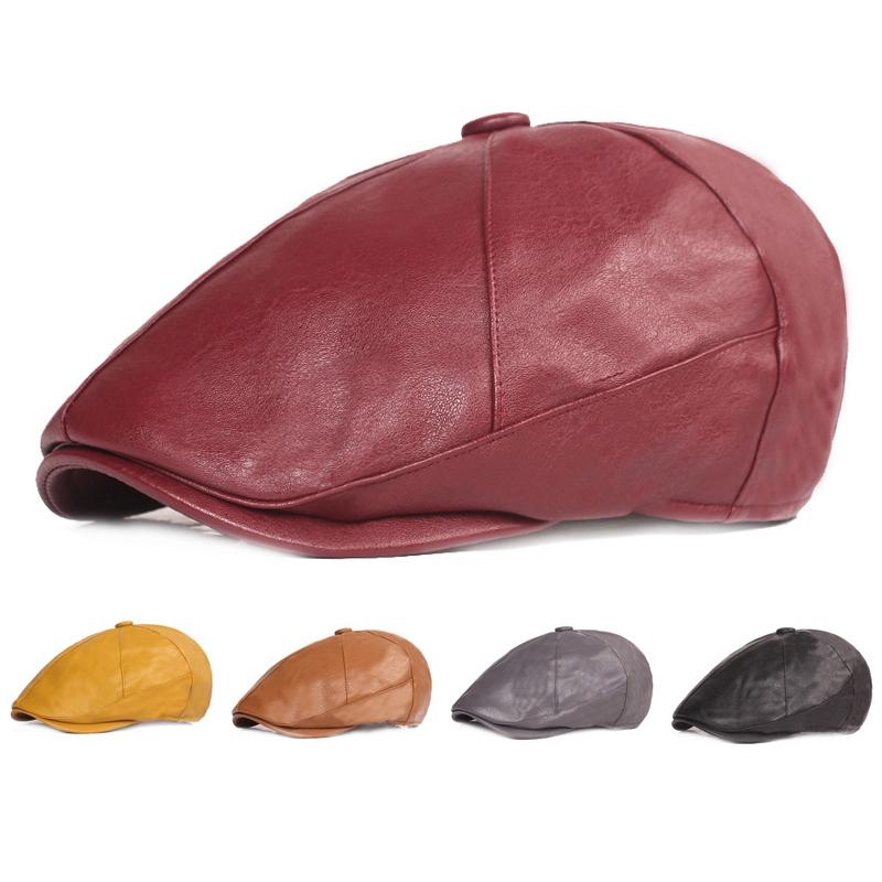 

HT3420 Berets New Fashion PU Leather Hat Women Solid Octagonal Newsboy Cap Ladies Retro Artist Painter Beret Hat Female Flat Cap, Black