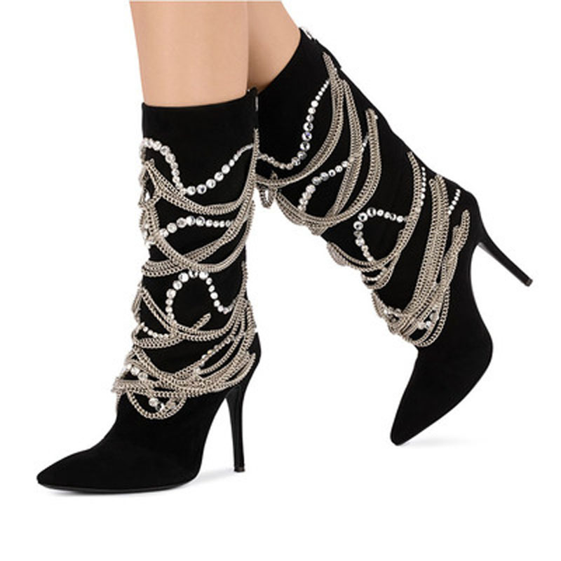 

Bling Crystal New Metal Chains Embellished Boots Meade of Bezerro Stiletto High Heel Back Zip Shoes Women Black Suede Finger Pointed 5b2l, As pic