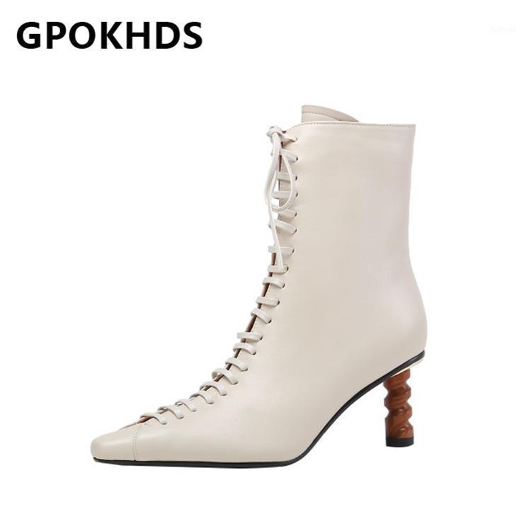 

GPOKHDS 2021 women Ankle boots Sheepskin Winter short plush Square Toe Zipper High heels female boots size 391, White