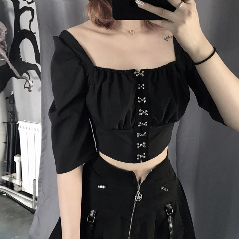 

2021 New summer Short Case for Women Skin Square Neck High Umbigo Exposure to Top Fashion Point OR2F, Black