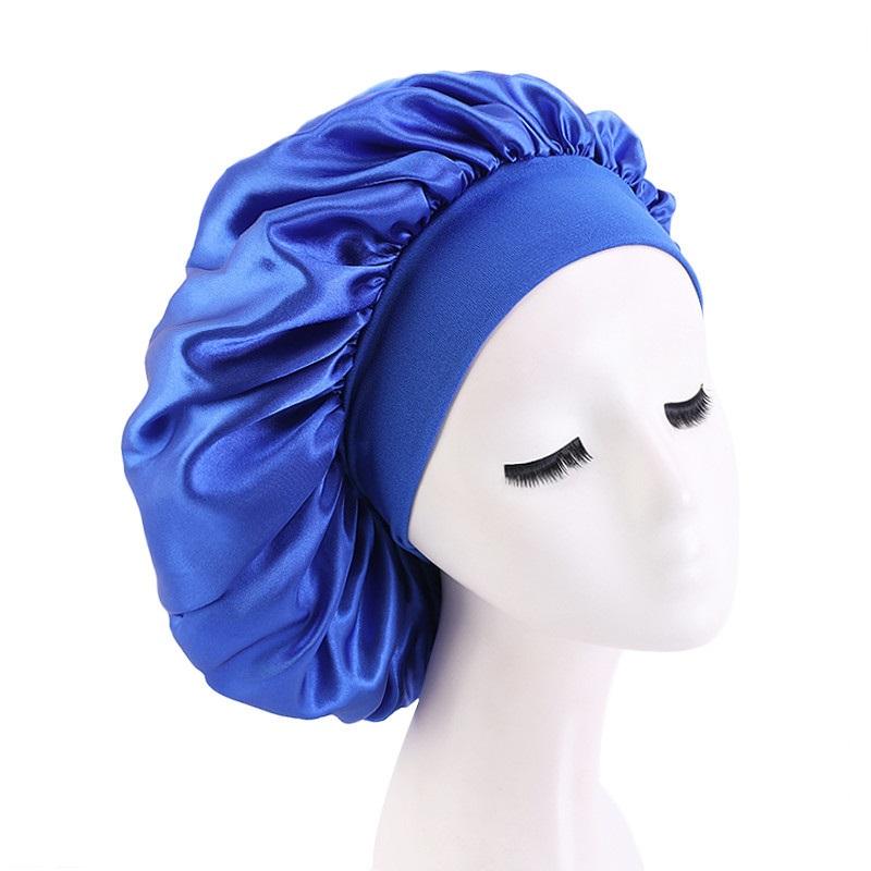 

Extra Large Satin Silky Bonnet Sleep Cap with Premium Elastic Band For Women Solid Color Head Wrap Brimmed Nightcap Night Hat, C5-royal blue