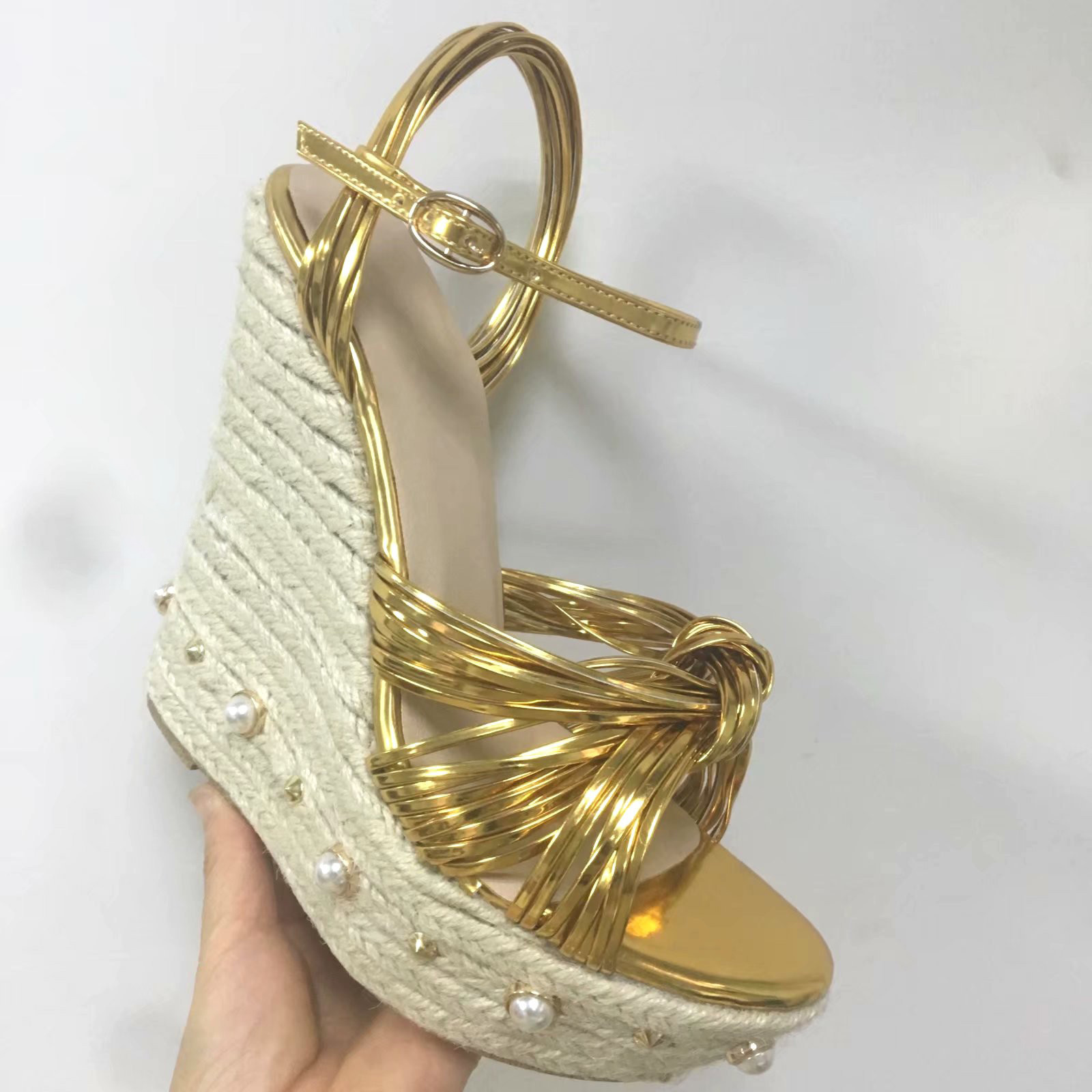 

Knots Summer Women of Gold Stripes Pearl Rebites Studs Rope Stroke Wedge Platform Jump High Peep with Strip No Sandnut Sandals R5ct