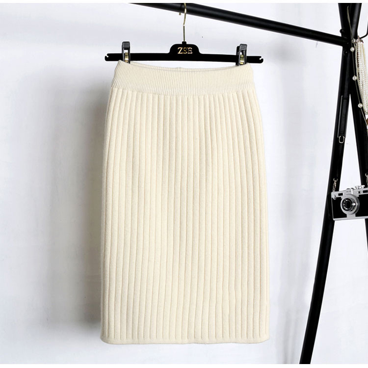 

2021 New 60-80cm Elastic Band Women Skirts Autumn Winter Warm Knitted Straight Ribbed Mid-long Skirt Black B38y, Black 60cm