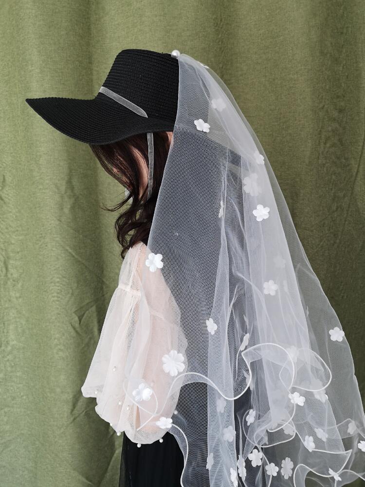 

GIrls Lolita 11CM Wide Straw Hat Fairy White Petal Gauze Mesh Wedding Photo Shooting Travel Sun Hat Summer Gauze Sombrero Cap, Beige