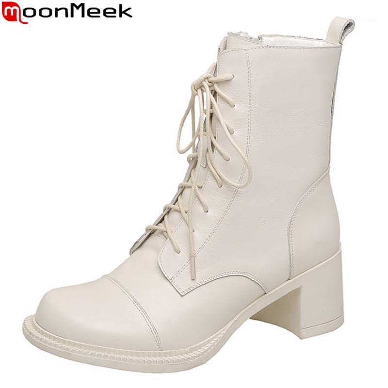 

MoonMeek 2021 Genuine leather boots square heels round toe ladies shoes autumn winter solid color ankle boots for woman1, Black
