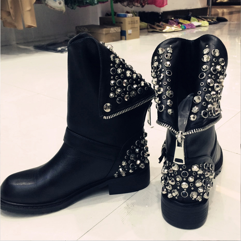 

2021 New Spring Women's Size 22-26.5cm Metal Rivet Decorated Short Black Goth Boots 3S2M