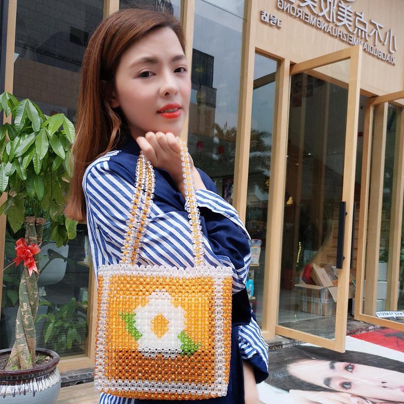 

FIRMRANCH women's bag handmade orange crystal beaded flower pattern custom one shoulder small square bag summer cute handbag, Flowers