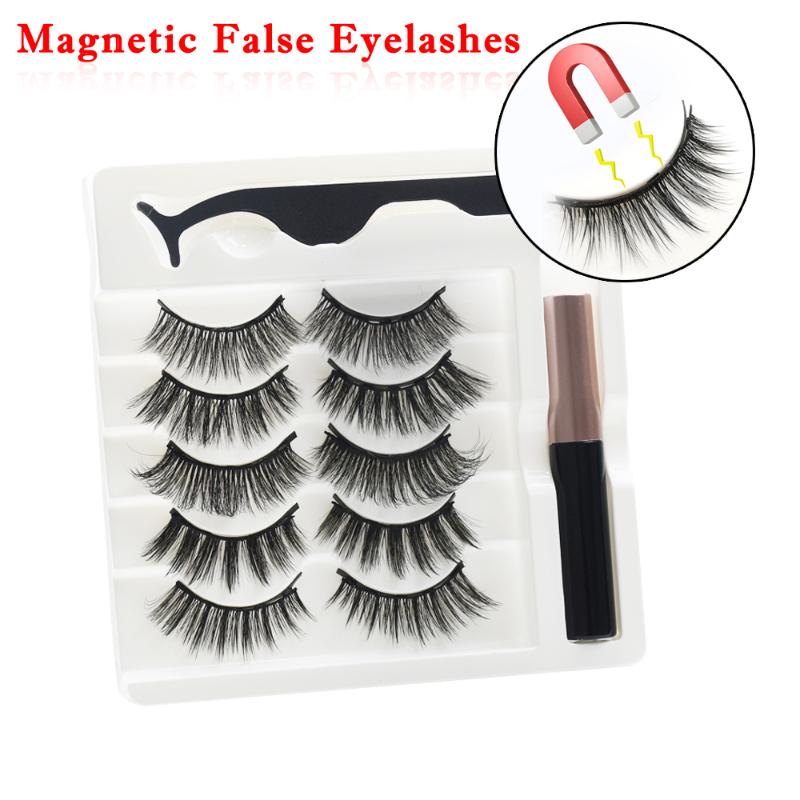 

For Women Makeup 5 Pair Natural Lashes Magnetic + Liquid Eyeliner + Tweezers Set Long-lasting Extension False Eyelashes Beauty