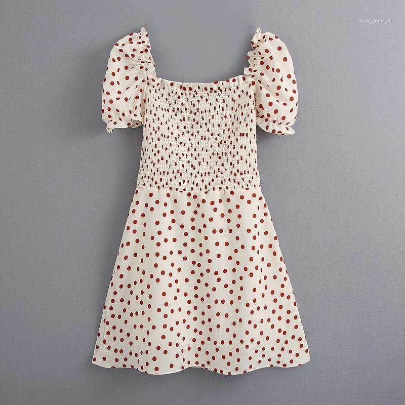

Women Summer Dress 2020 New Fashion Elastic Waist Short Puff Sleeve Polka Dot Modern Lady Above Knee Dresses1