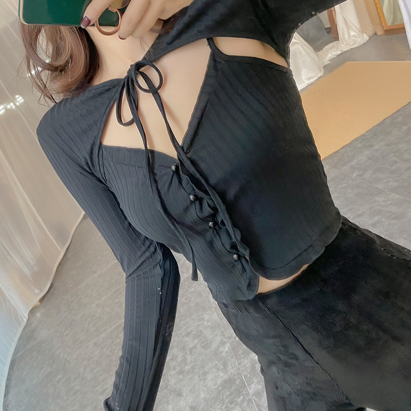 

2021 New Fashion Autumn Clothes for Sexy Women Long Sleeve Thin with Top V-down Cleavage Sweater Vest Two Pieces Put Together Vintage AOB1, Black 2 piece set