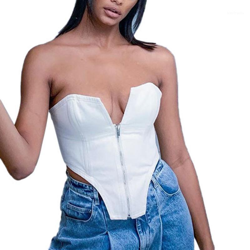 

Women Off Shoulder Front Cut Out V shape Zipper Boned Bustier Zipper Corset Tight Crop Top1, White