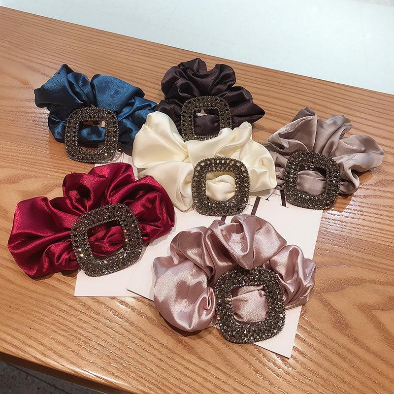 

Korean Fashion Vintage Rhinestones Geometric Square Satin Rubber Band Hair Rope Temperament Women's Ponytail Hair Accessories