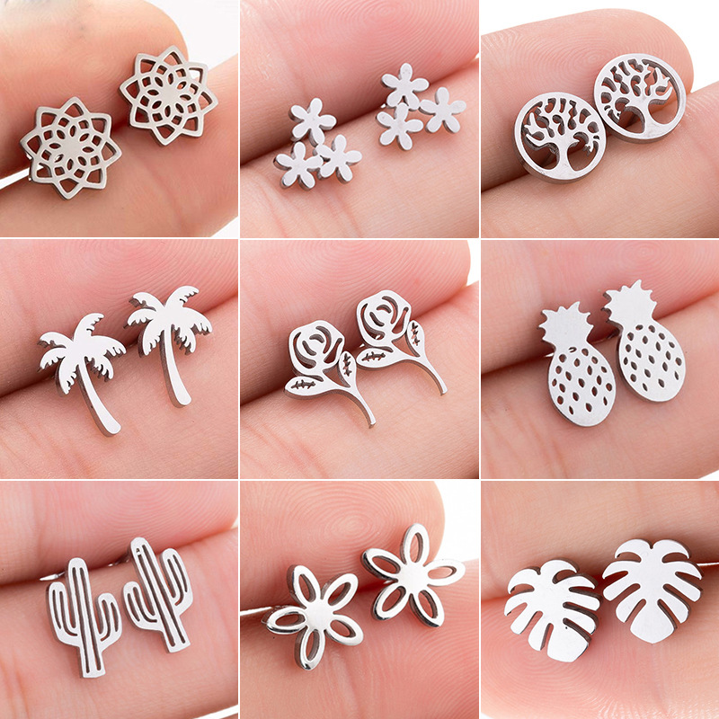 

Women Girls Cute Flower Cactus Leaf Gold Black Stud Earrings Fashion Stainless Steel Earrings Party Daily Jewelry Accessories