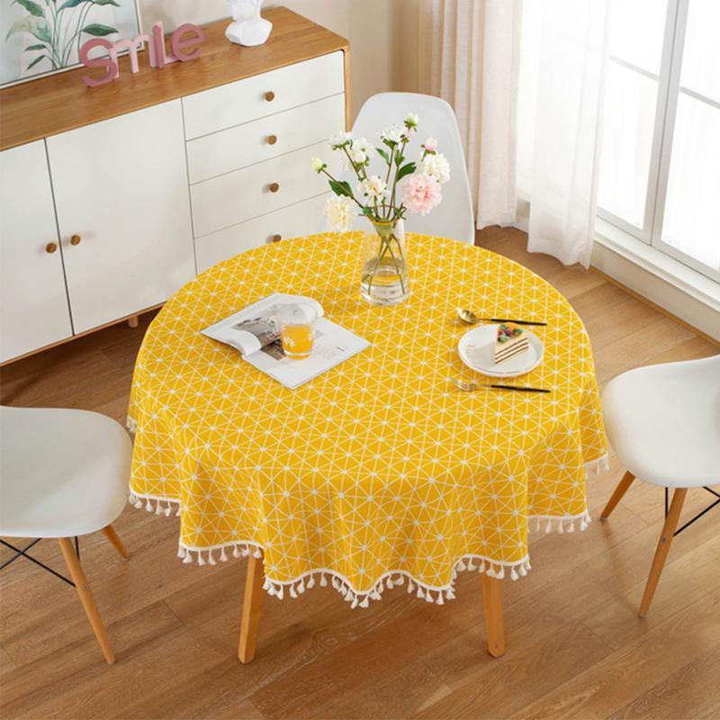 

With Tassel Wedding Party Round Tablecloth Simple Washable Geometric Reusable For Kitchen Multipurpose Dustproof Cotton Linen, Yellow