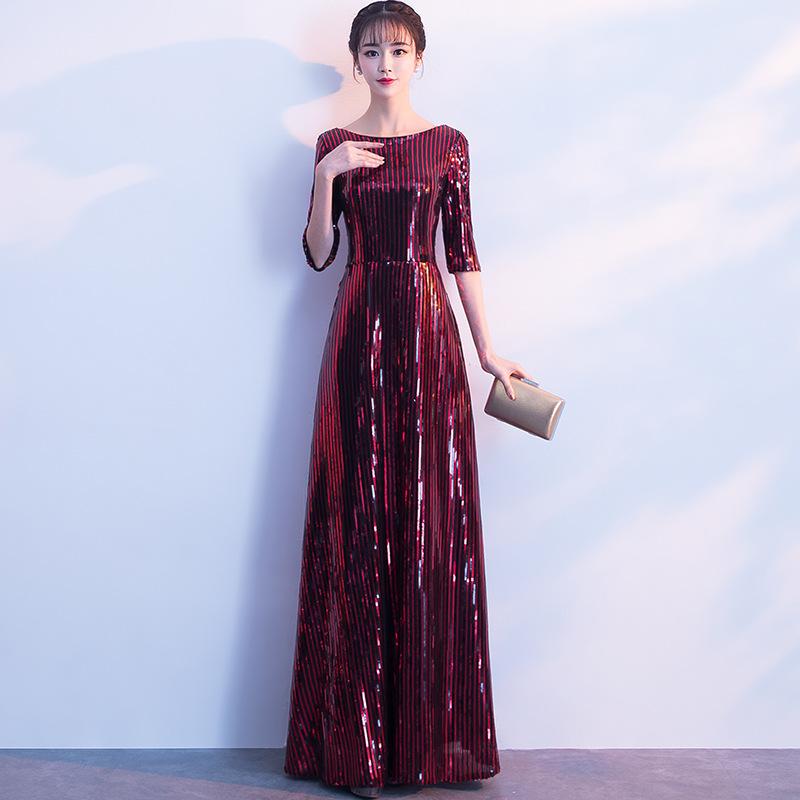 

Burgundy V-neck Half Sleeve Ladies' Formal Party Dresses Bling Novelty Vestido De Festa Chinese Modern Qipao Dress With Zipper