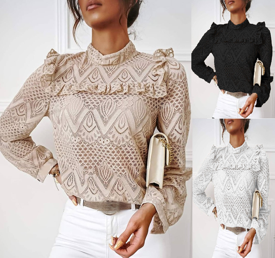

Women Vintage Lace Ruffles O Neck Blouse Shirts Autumn Elegant Hollow Out Pullover Office Ladies Casual Solid Color Tops, As pic