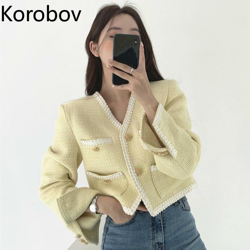 

Korobov Korean Chic Autumn and Winter Elegant V-neck Hit Color Chic Two-button Loose Wild Multi-pocket Short Coat Jacket Women, White