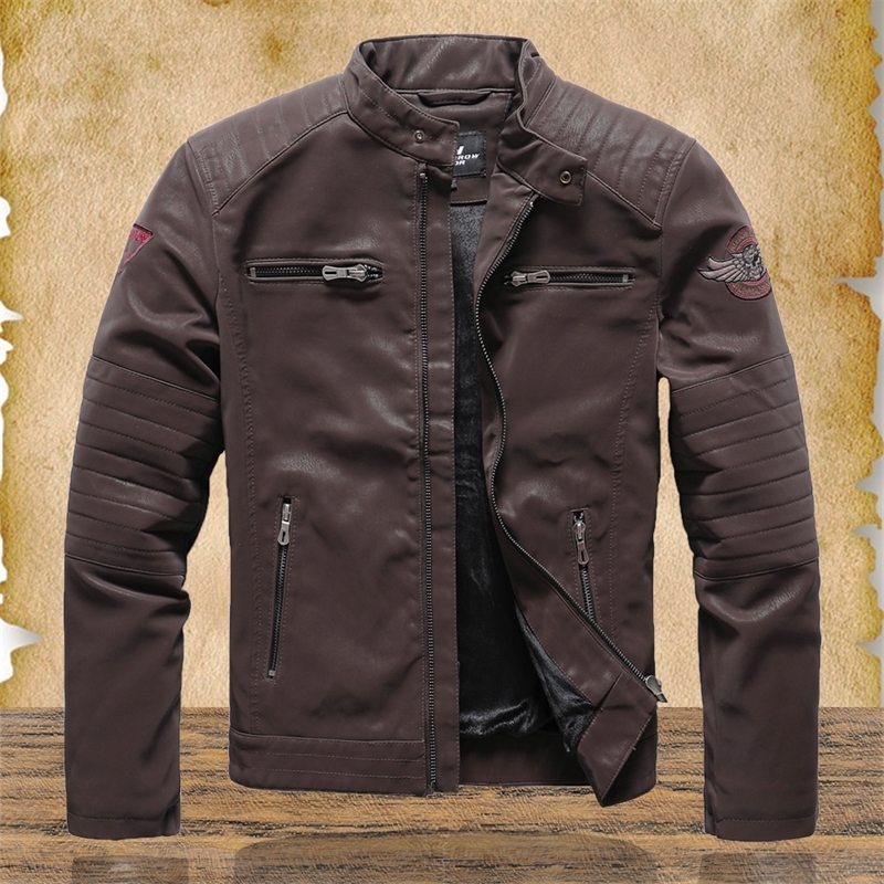 New Men Retro Leather Jackets Men's Stand Collar PU Motorcycle Jacket Male Winter Warm Zipper Biker Coats Outerwears Man 201119