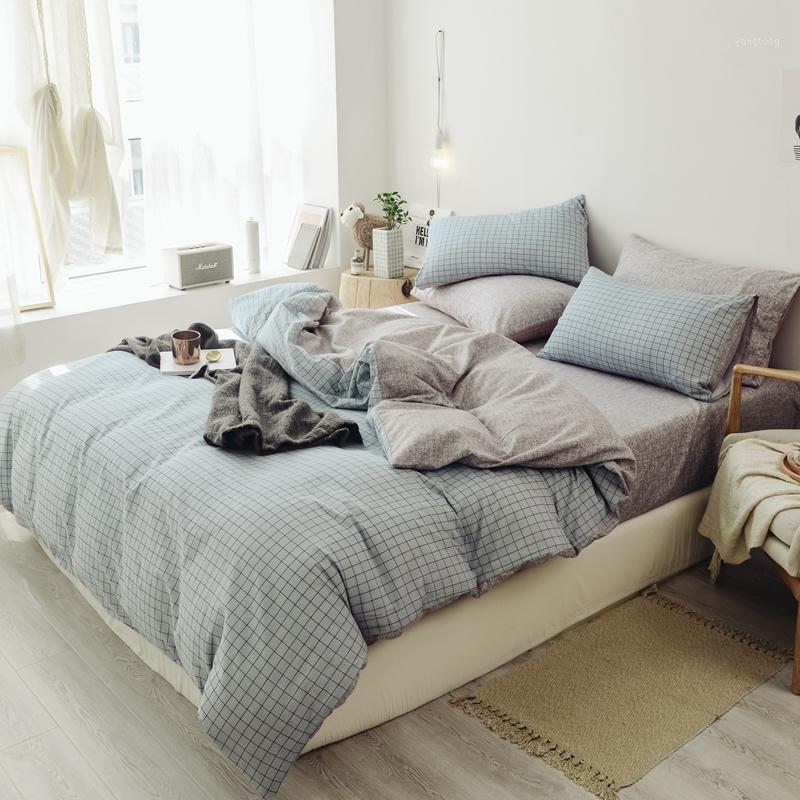 

Grey Blue Plaid Duvet Cover Set Queen  King 3/4Pcs Lightweight Soft Washed Cotton Bedding Set with Bed sheet Pillow shams1, Color 3