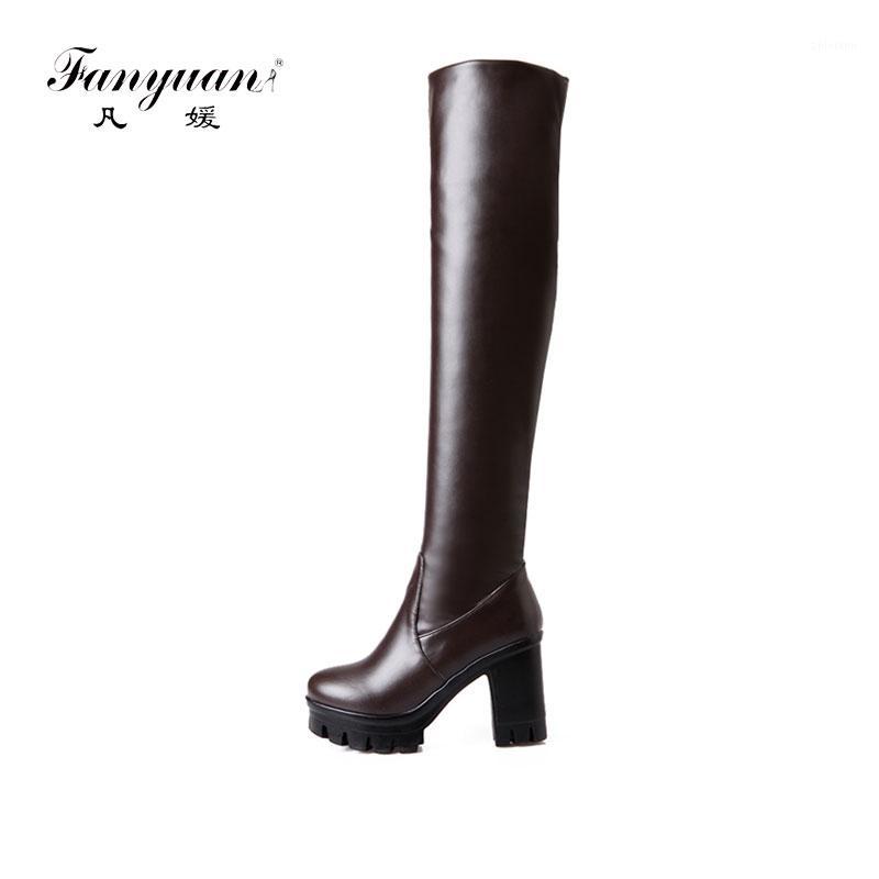 

Fanyuan New Women Sexy Slip on Knee High Boot Thick High Heel Long Boots Platform Woman Heels Shoes Footwear Size 33-431, Brown without fur