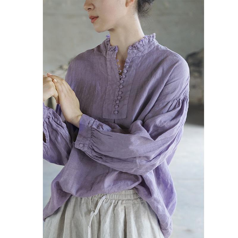 

SCUWLINEN 2020 Autumn Women Tops Vintage Artsy Stand Collar Long-sleeve Loose French Style Linen Blouse P286, Beige