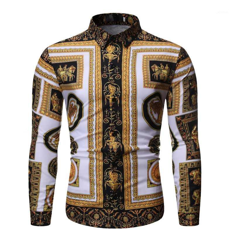 

2020 Autumn New Men' Silk Satin Printed Shirts Male Slim Fit Long Sleeve Party Shirts Men Print Business Shirt Tops -2XL1, Tx42 yellow