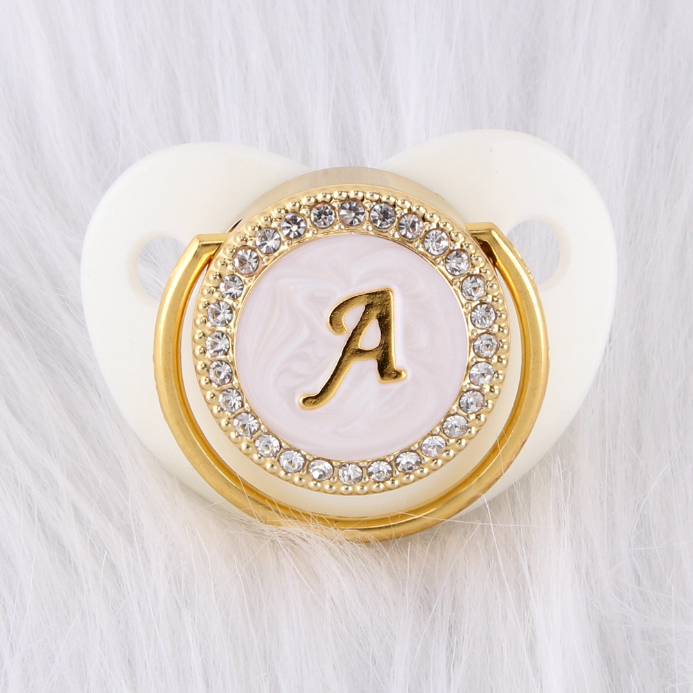 

0-12 Months Luxury White Diamond Baby Pacifier Food Grade 26 Letters Silicone Orthodontic Dummy Crystal Nipple Sleeping Soother