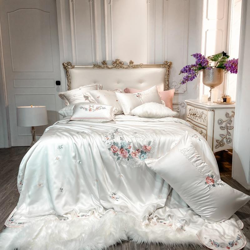 

Luxury 4/7Pcs Embroidery White Duvet Cover Set 600TC Tencel Silk Duvet Cover Set Bed Sheet Pillowcases Queen King size, Color 1