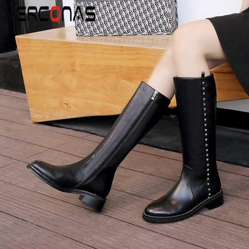 

VERCONAS Women Knee-High Boots Autumn Winter New Popular Rivets Shoes Woman Zip Genuine Leather Round Toe Low Heels Long Boots1, Black