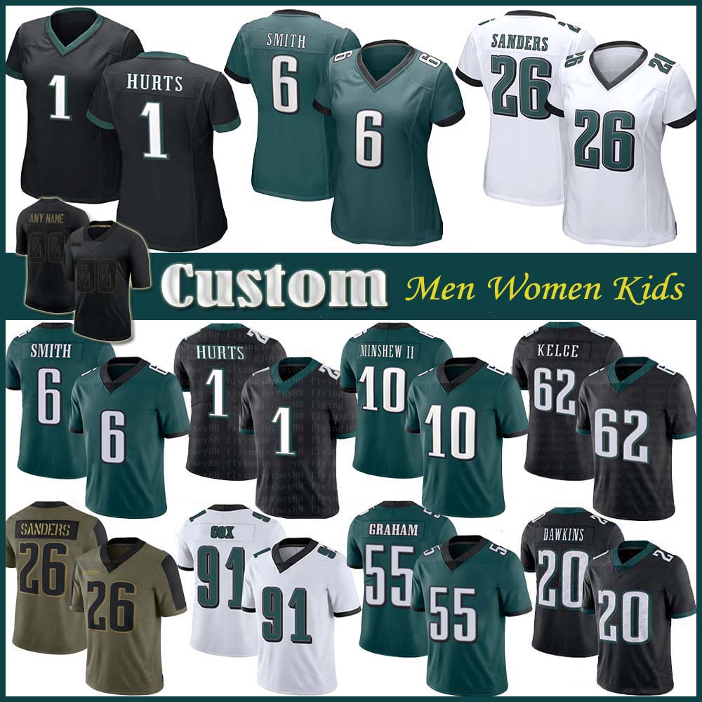 

1 Jalen Hurts 6 DeVonta Smith Custom Men Women Kid Football Jersey 62 Jason Kelce Miles Sanders Brian Dawkins Fletcher Cox Brandon Graham Quez Watkins Gardner Minshew, Shown