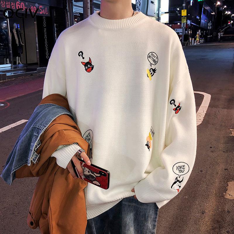 

Men' autumn sweater cartoon sweater lazy wind long sleeve top with knitwear, Black