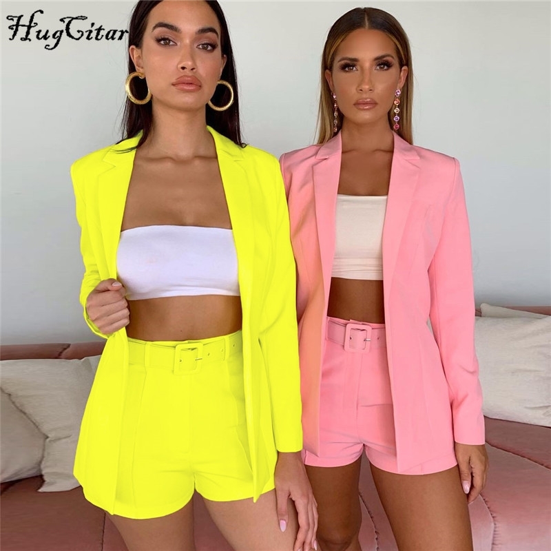 

Hugcitar pink blazer suit top shorts 2 two pieces set with belt autumn winter women streetwear coat jacket sets T200325, Yellow