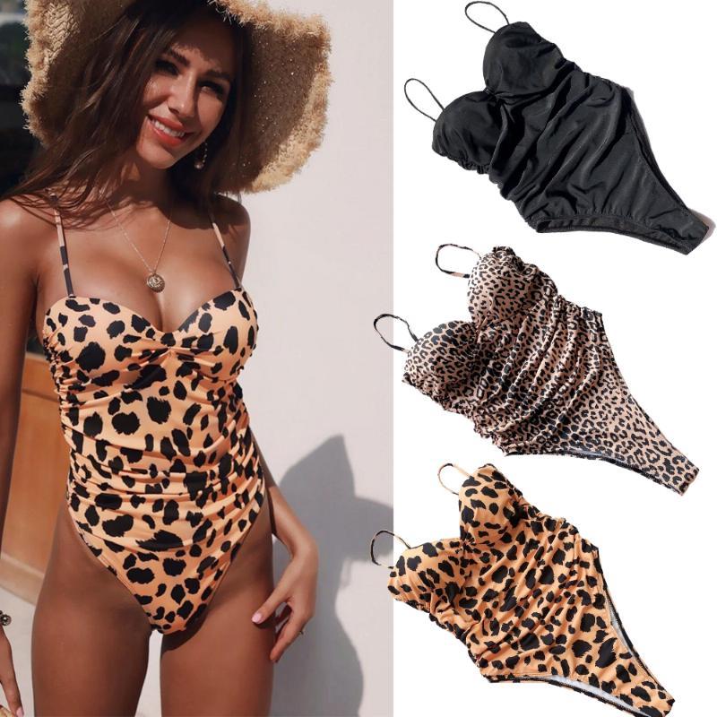 

2020 Lady Retro Crinkle Bandeau Leopard print Swimwear Women One piece Swimsuit Female High Waist Swim Suit Monokini Trikini, Bust pad one size