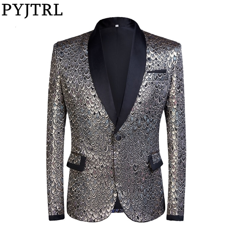 

PYJTRL Male Shawl Lapel Gold Silver Jacquard Scale Pattern Slim Fit Blazer Hombre Suit Jacket Men Wedding Groom Singers Costume 201104