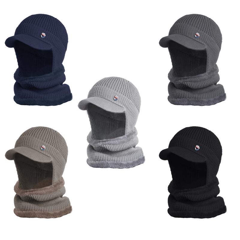 

Men Winter 2Pcs Set Visor Earflap Beanie Hat with Scarf Knit Plush Lined Warmer 649C