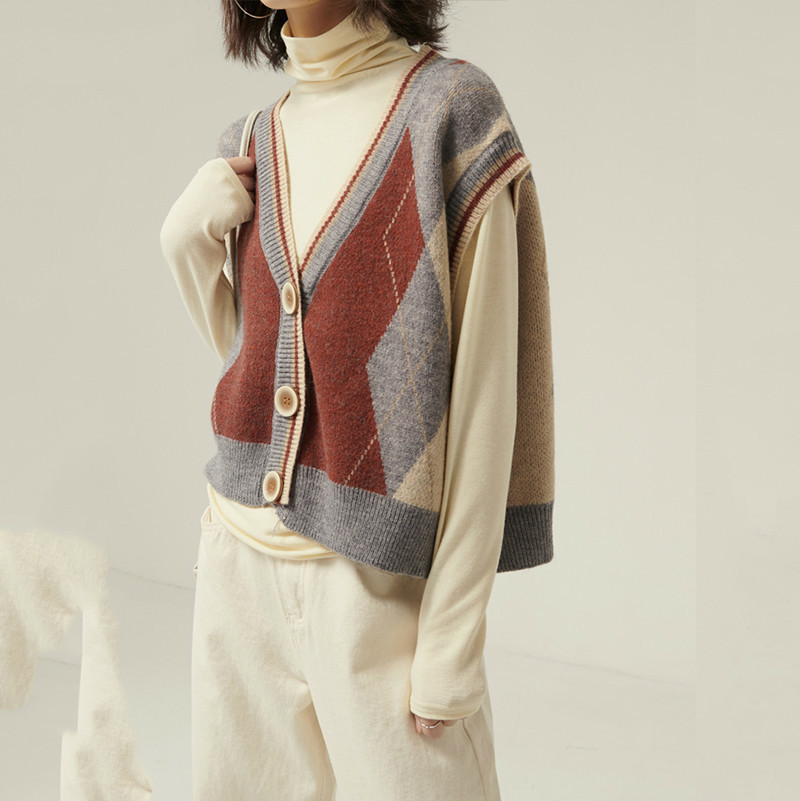 

XUXI Spring Autumn Korea Women Pattern Split Joint Big Size Knitting Loose Vest New V-collar Sleeveless Fashion Tide FZ0740 210204, Picture color3