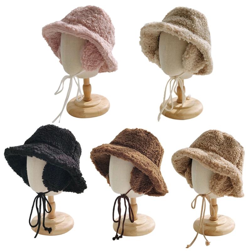 

Women Autumn Faux Wool Solid Color Bucket Hat with Earflap Chin Strap Thicken Fuzzy Plush Thermal Warm Panama Fisherman Cap Ear, Bk
