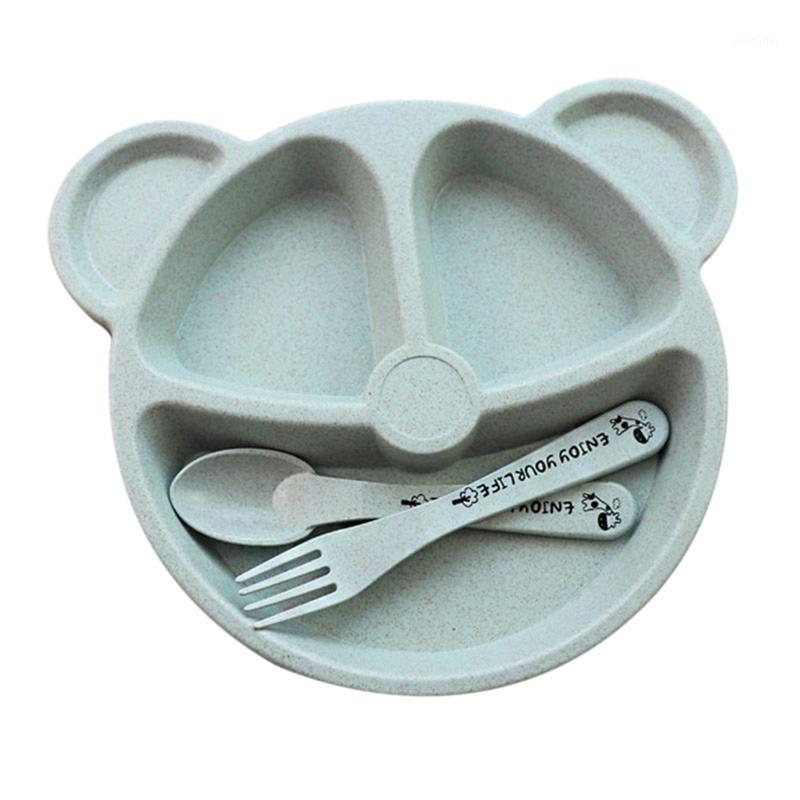 

New Hot 3pcs/set Little Bear Children's Plate Set Creative Tableware Baby Grid Breakfast Plates Fork Spoon SMD661