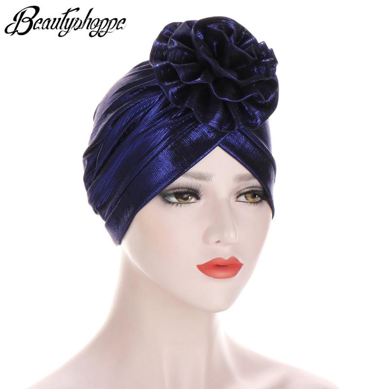 

New Solid Color India Hat Muslim Elastic Floral Turban Cancer Chemo Beanies Cap Headwrap Ladies Accessories, Black