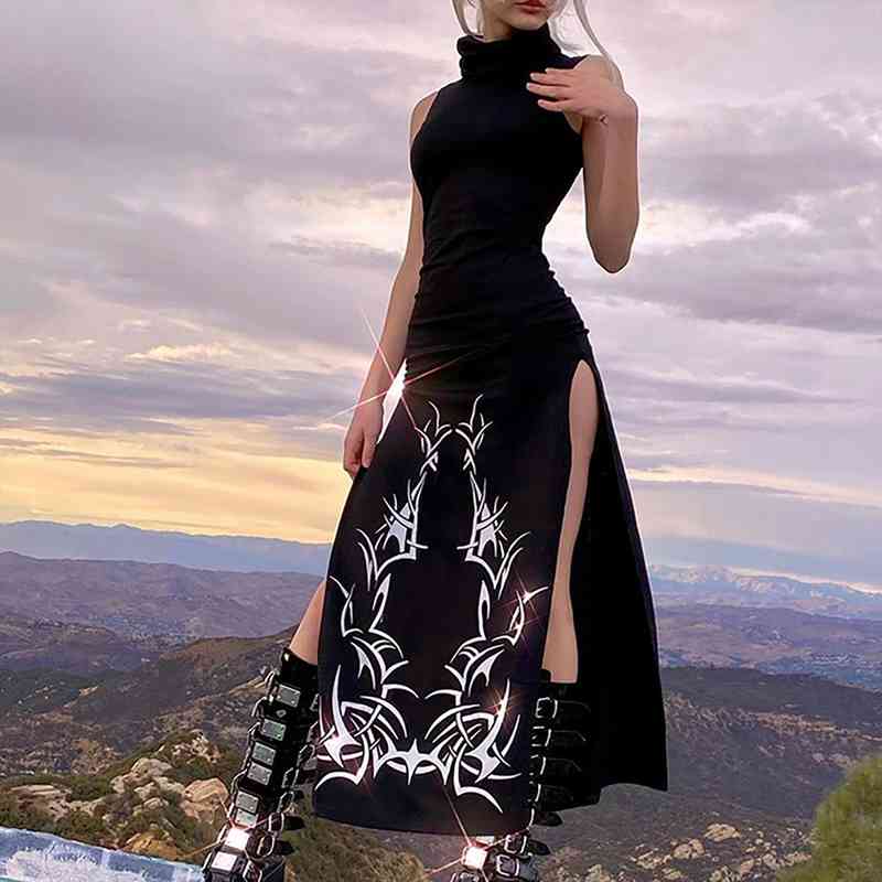 

Sexy Womens High Split Dress Gothic Style Sleeveless Long Dress Turtleneck Vintage Ladies Sheath Club Long Sundress, Black;gray